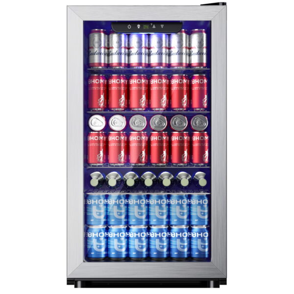 EUHOMY 125 Can Beverage Refrigerator and Mine Cooler with Glass Door for Soda Beer or Wine