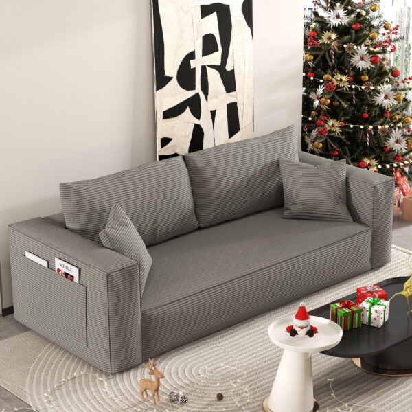 FocalSweet 89" Living Room Sleep Sofa, Deep Seat Corduroy Couch with Side Pocket,No Assembly Required, 3 Seater, Gray