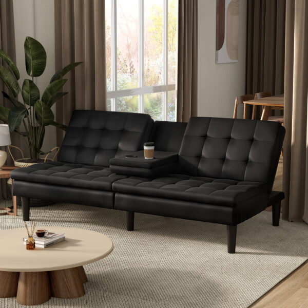 Furniture of America Canu Wood and Faux Leather Convertible Futon Daybeds with USB Port up to 500 lbs, Black