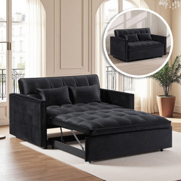 Gewnee 54" Modern Convertible Velvet Futon Sofa Bed with Pull-Out Bed,Sleeper Loveseat Sofa Couch with Adjsutable Backrest For Living Room,Office (Black)