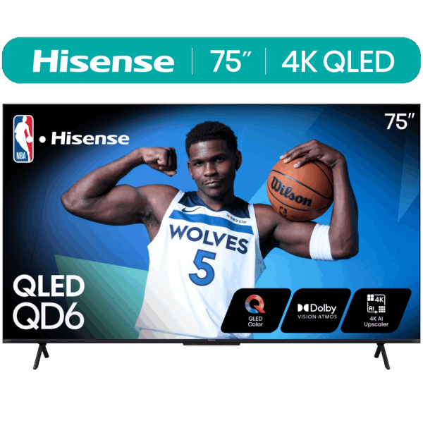 Hisense 75-Inch Class QD6 Series QLED UHD 4K HDR Google Smart TV (75QD6N) - QLED, Dolby Vision, Dolby Atmos, 4K AI Upscaler, Motion Rate 120, HDR 10+, Game Mode Plus, Voice Remote
