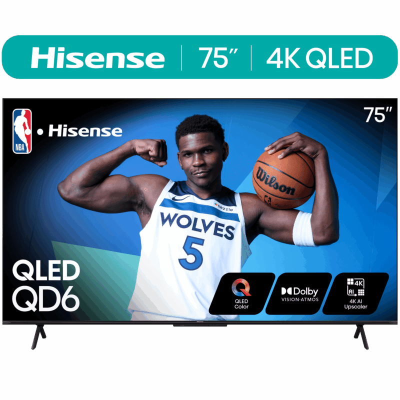 Hisense 75-Inch Class QD6 Series QLED UHD 4K HDR Google Smart TV (75QD6N) - QLED, Dolby Vision, Dolby Atmos, 4K AI Upscaler, Motion Rate 120, HDR 10+, Game Mode Plus, Voice Remote