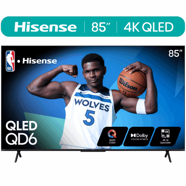 Hisense 85-Inch Class QD6 Series QLED UHD 4K HDR Google Smart TV (85QD6N) - QLED, Dolby Vision, Dolby Atmos, 4K AI Upscaler, Motion Rate 120, HDR 10+, Game Mode Plus, Voice Remote