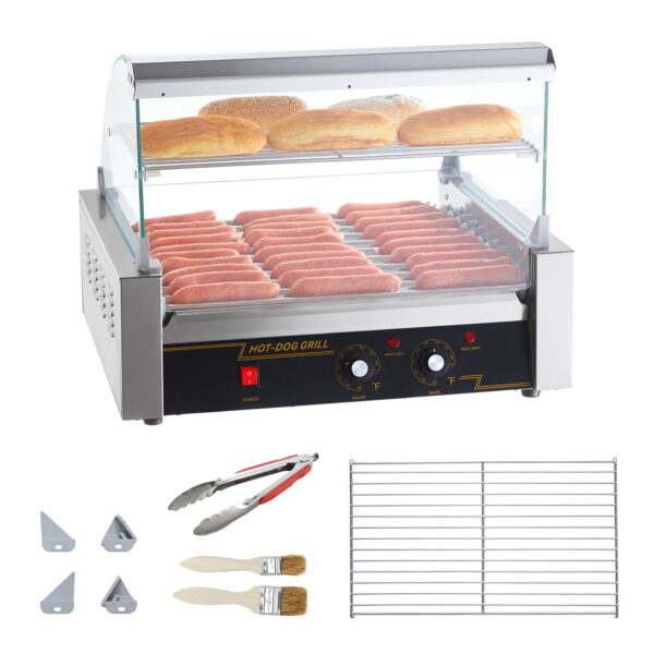 KFFKFF Backsplash Shelf 1650W Electric 30 Hot Dog 11 Roller Grill Cooker Machine