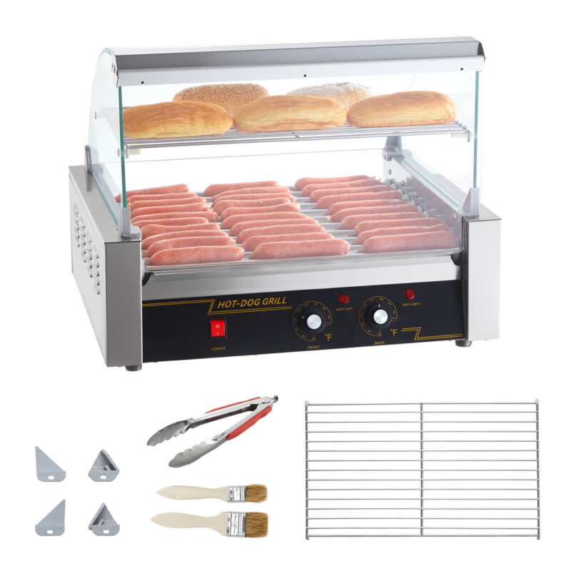 KFFKFF Backsplash Shelf 1650W Electric 30 Hot Dog 11 Roller Grill Cooker Machine