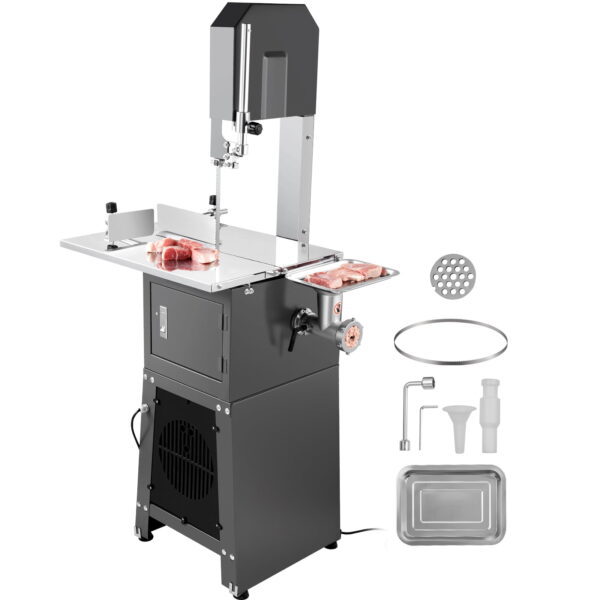 KFFKFF Electric Meat Cutting Band Saw and Grinder Electric Bone Saw, 550W Stainless Vertical Cutter, 19.1"x15" Table, Cuts 7.09" Thick
