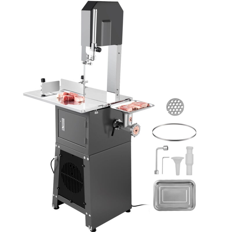 KFFKFF Electric Meat Cutting Band Saw and Grinder Electric Bone Saw, 550W Stainless Vertical Cutter, 19.1"x15" Table, Cuts 7.09" Thick