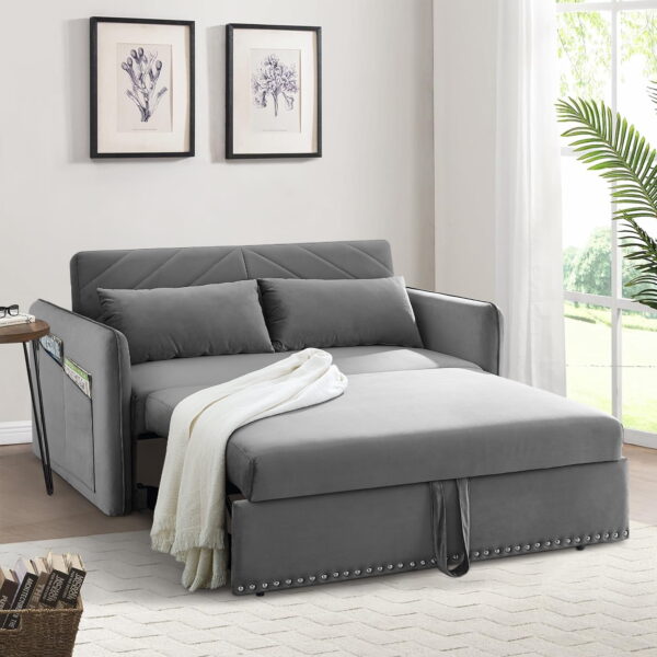 Dinosisco Convertible Sleeper Loveseat with USB, 55" Velvet Futon Sofa Bed, Gray