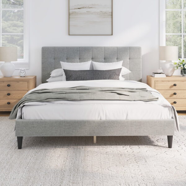 Mainstays Hillside Square Tufted Upholstered Queen Platform Bed, Light Gray Fabric