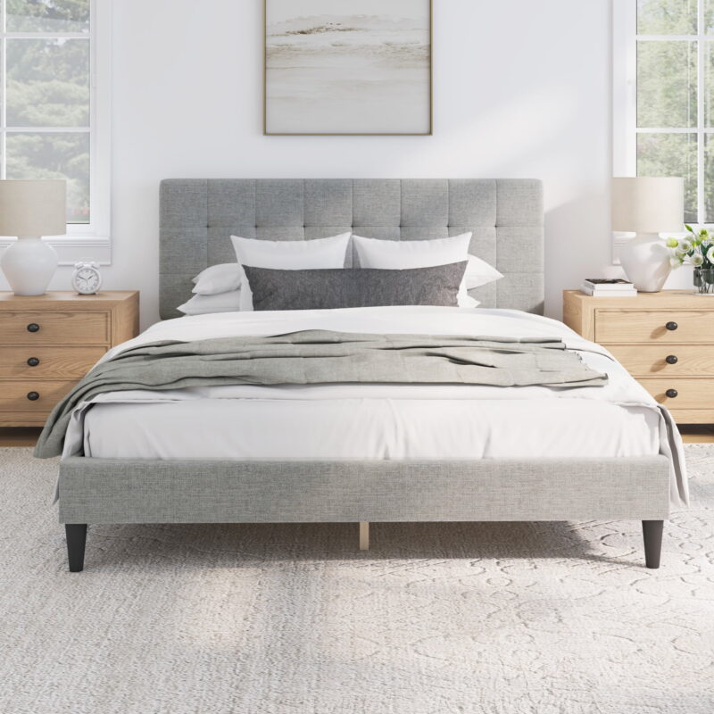 Mainstays Hillside Square Tufted Upholstered Queen Platform Bed, Light Gray Fabric