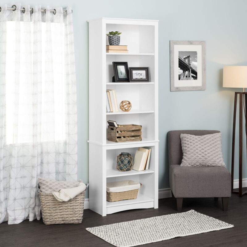 Prepac Home Office Modern 80" Tall Bookcase with Adjustable Shelves, White