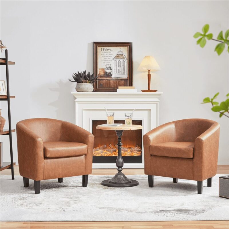 Renwick Faux Leather Barrel Accent Chair for Living Room, Set of 2, Brown