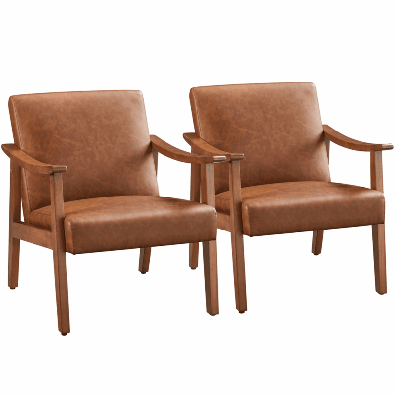 Renwick Mid-Century Modern Faux Leather Accent Chair, Set of 2, Light Brown
