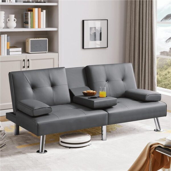 Renwick Modern Faux Leather Convertible Futon Sofa Bed with 2 Throw Pillows & Cup Holders, Gray