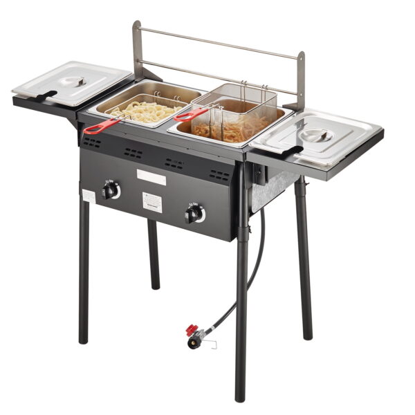 KFFKFF Cookware Outdoor Propane Fryer 16 qt Dual Burner Commercial Deep Fryer, Stainless Steel
