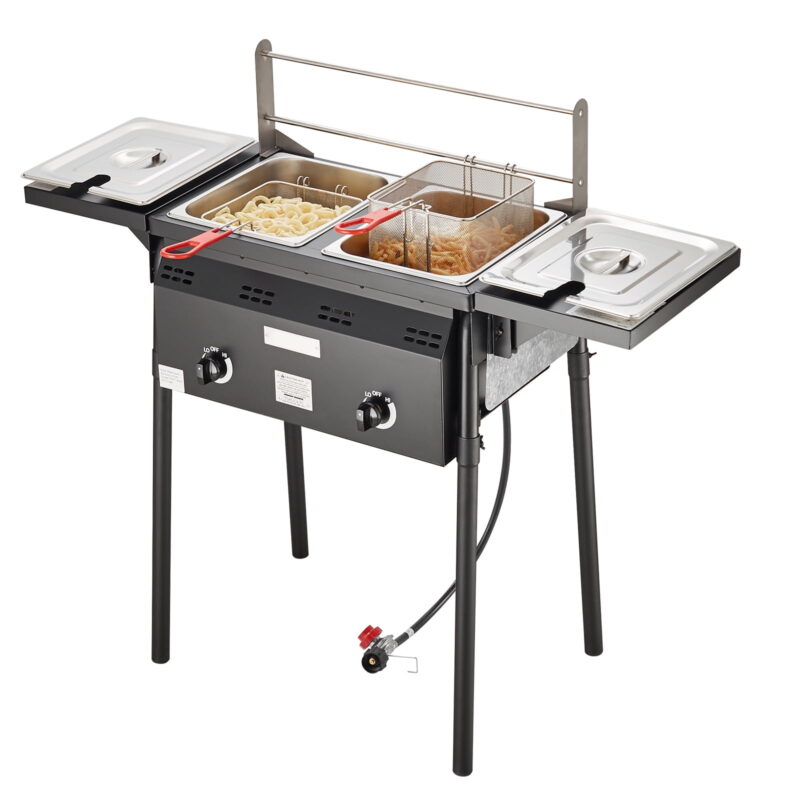 KFFKFF Cookware Outdoor Propane Fryer 16 qt Dual Burner Commercial Deep Fryer, Stainless Steel