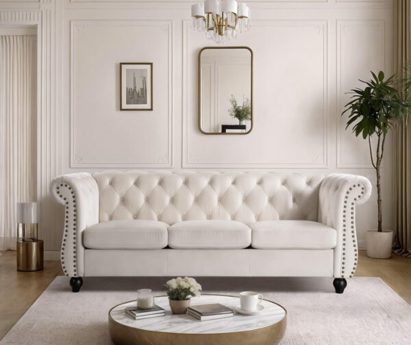 US Pride Furniture Chester 83 in. Wide Rolled Arm Velvet Modern Straight living Room Sofa, Ivory
