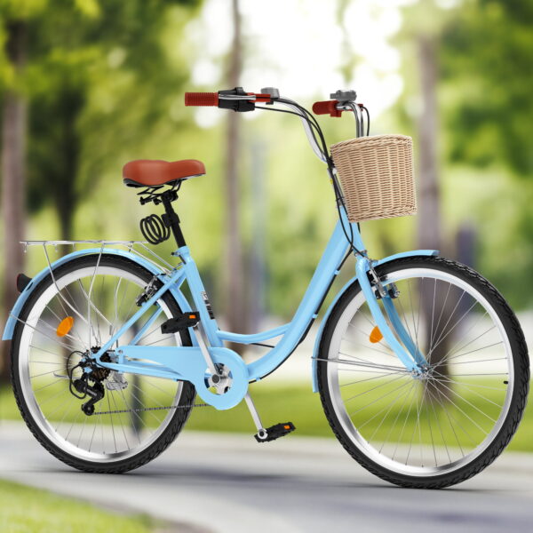 Uforic 24" Beach Cruiser Bike for Adults  – 7-Speed, Adjustable Seat in Light Blue