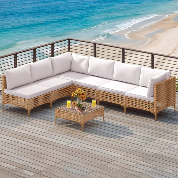 Uforic Patio 7-Piece Open Weave Wicker Patio Furniture Set, Boho Outdoor Conversation Set with Thick Cushions and Coffee Table, Beige