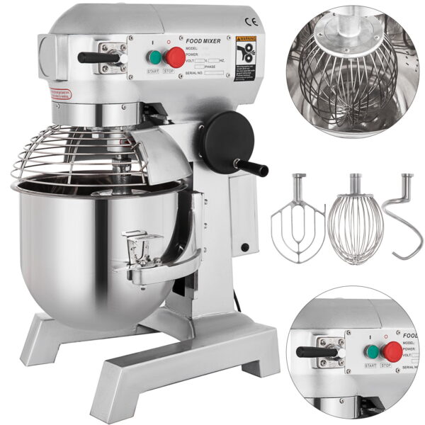 BENTISM Commercial 15 qt Stand Mixer, Silver with Flat Beater, Dough Hook, Wire Whip