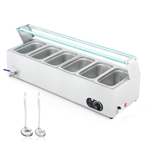 Wilprep Commercial Food Warmer w 6 Stainless Steel Pans Lids Glass Shelf Buffet Server