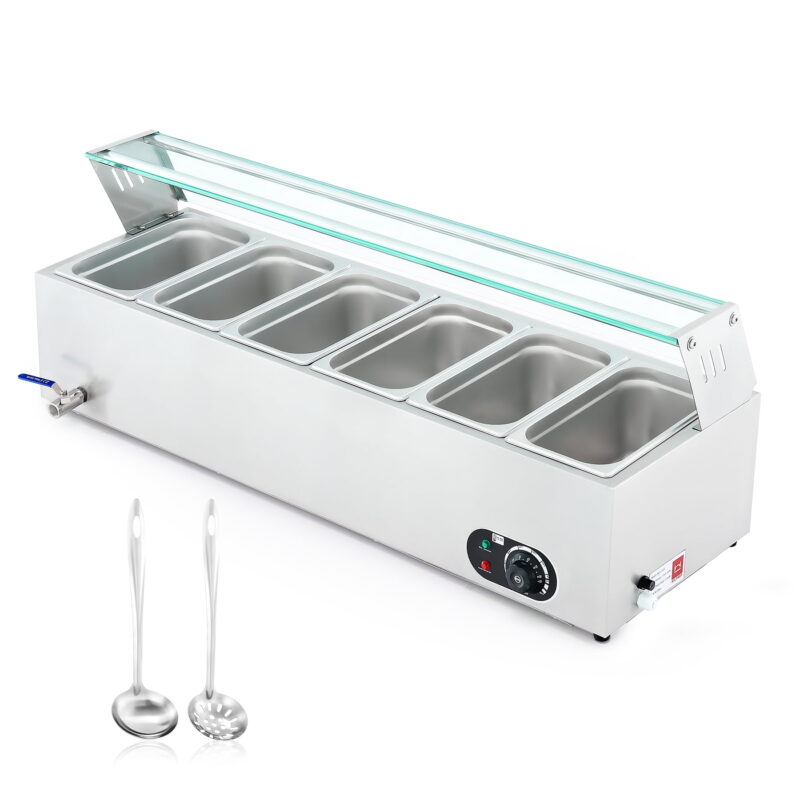 Wilprep Commercial Food Warmer w 6 Stainless Steel Pans Lids Glass Shelf Buffet Server