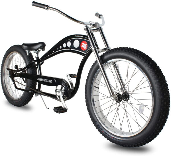 WonderWheels 26" Stretch Cruiser Coaster Brake Triple Tree Fork, Handlebars Moon Bar, Alloy Polish Rims. 26x3.0 26H Black Tire - Black