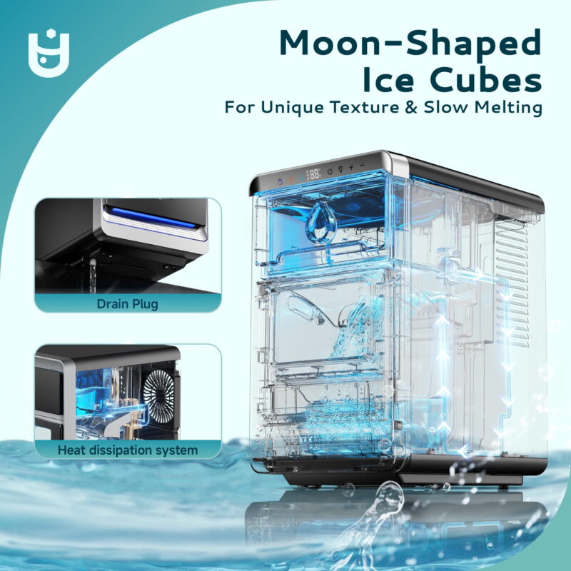 EUHOMY Crescent Countertop Ice Maker, 1500 Cubes/Day, Dual-Side Tech, Auto Clean, Crystal Clear Ice - Image 4