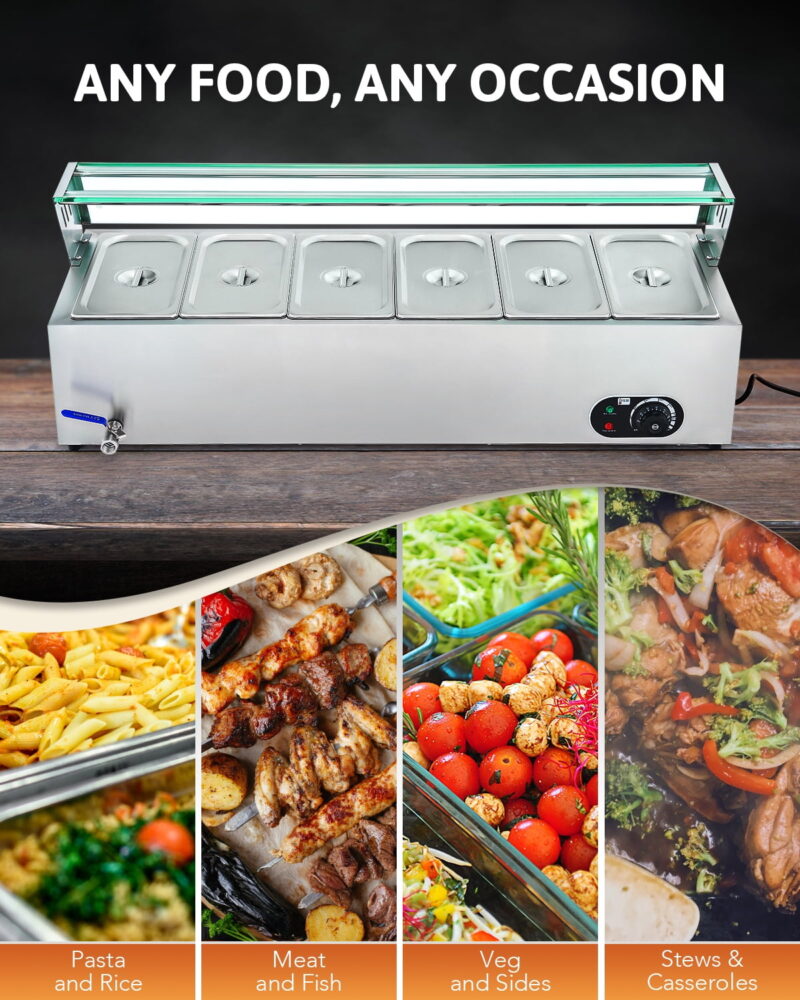 Wilprep Commercial Food Warmer w 6 Stainless Steel Pans Lids Glass Shelf Buffet Server - Image 5