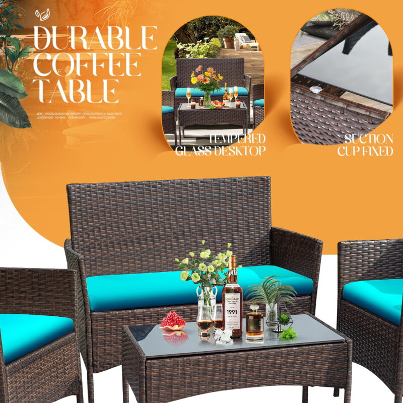 Lacoo 4 Piece Outdoor Patio Furniture PE Rattan Wicker Table and Chairs Set with Cushions, Blue - Image 7