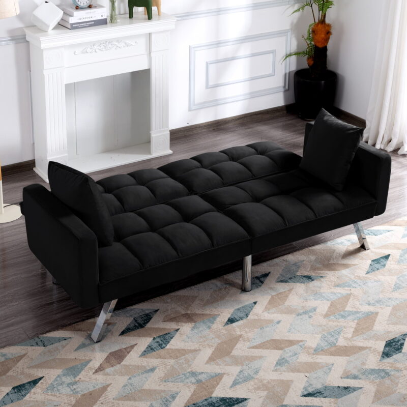 BSHTI Modern Velvet Futon Sofa Bed,Upholstered Tufted Convertible Sofa Sleeper with 2 Pillow(Black) - Image 7