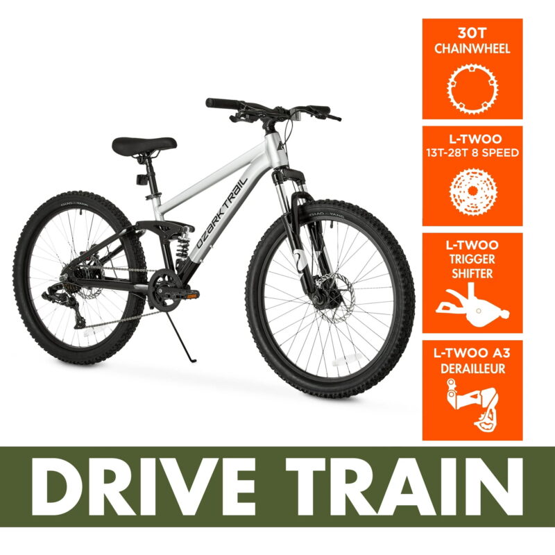 24" Ozark Trail FS.1 Epictrail Full Suspension Mountain Bike, For Teens and Adults, Heights between 4'6"-5'6", Silver - Image 5