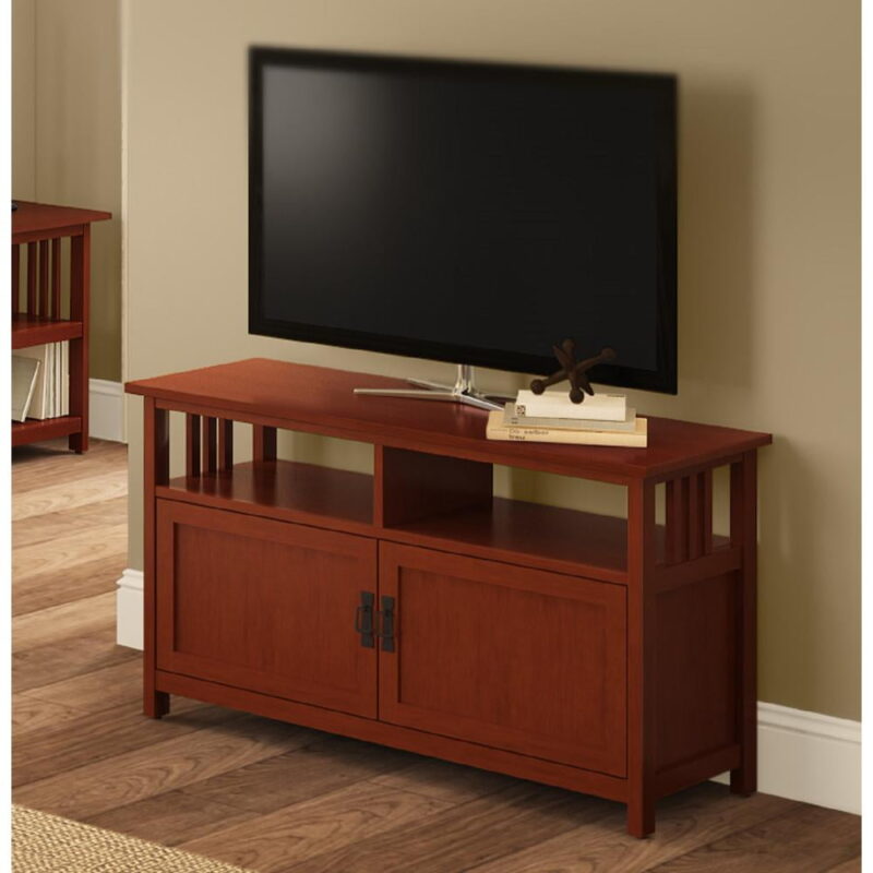 Alaterre Furniture Mission TV Stand w/Open Shelf & 2 Glass Doors, Cherry - Image 2
