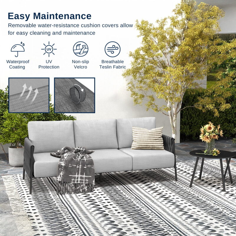 EAST OAK 3 Seats Outdoor Conversation Set Patio Furniture with Waterproof Thick Cushions Black & Grey - Image 5