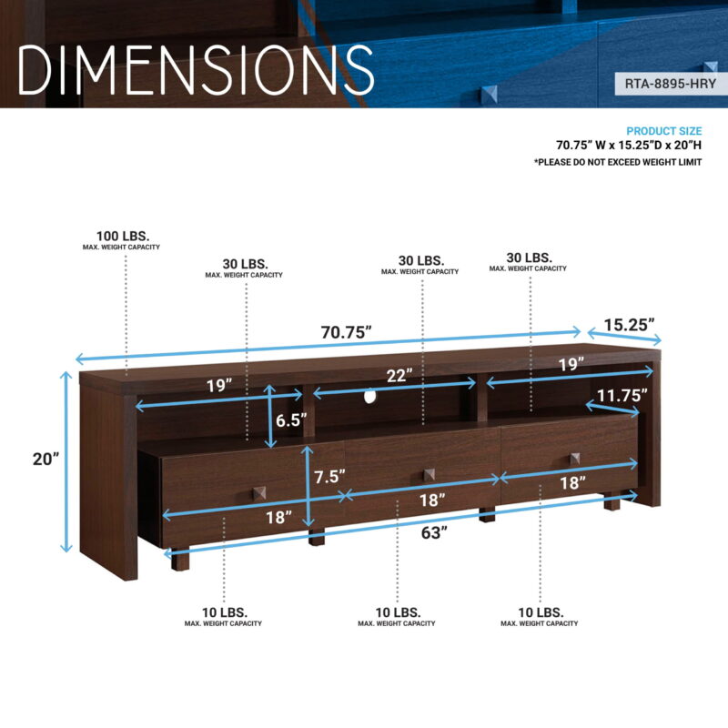Techni Mobili Elegant Modern TV Stand for TVs up to 75" with Storage, Wood-like Finish, Hickory Brown RTA-8895-HRY - Image 4