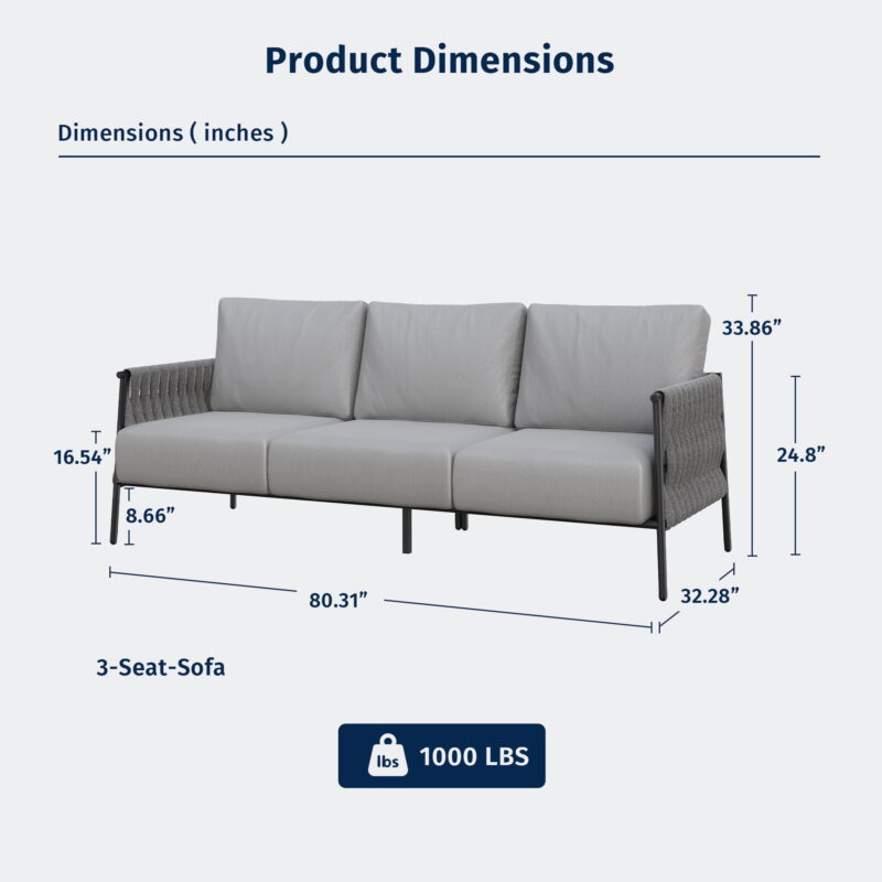 EAST OAK 3 Seats Outdoor Conversation Set Patio Furniture with Waterproof Thick Cushions Black & Grey - Image 6