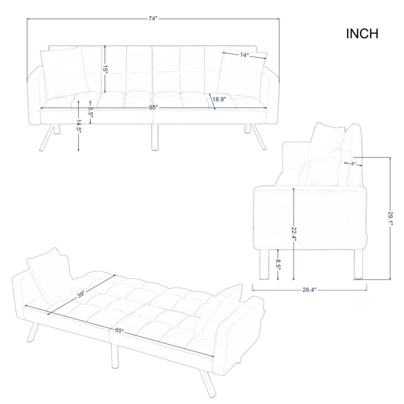 BSHTI Modern Velvet Futon Sofa Bed,Upholstered Tufted Convertible Sofa Sleeper with 2 Pillow(Black) - Image 2