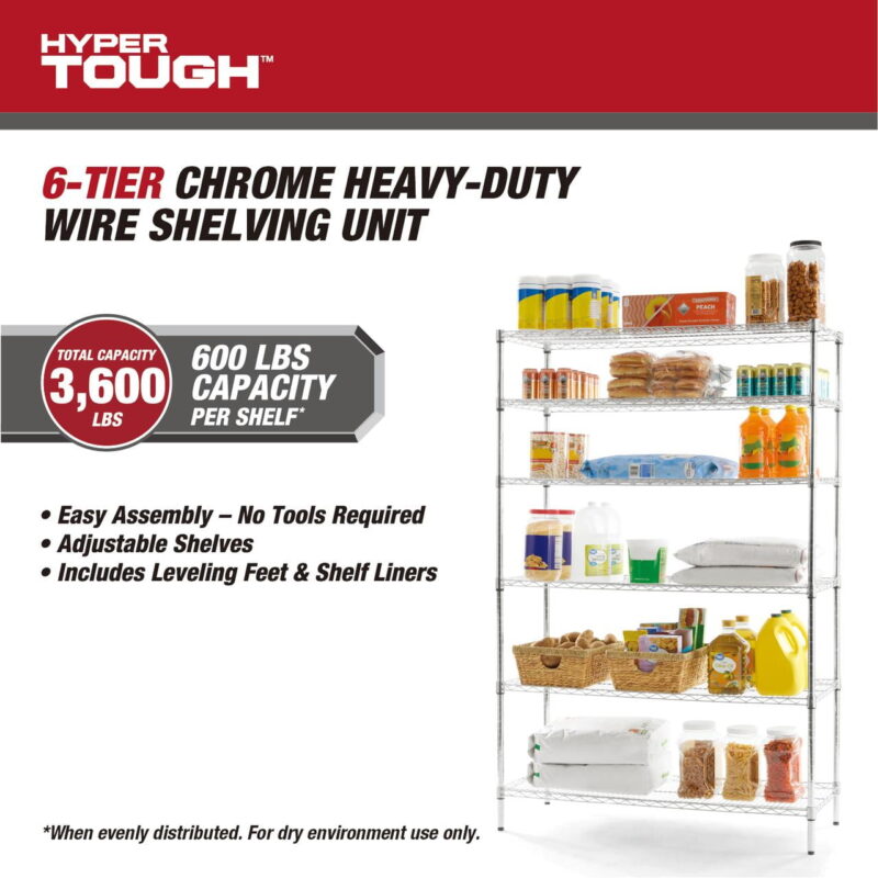Hyper Tough 6-Tier Wire Storage Shelves with Liners, 48" W x 18" D x 72" H, 3600 lb Load Capacity, Chrome - Image 3