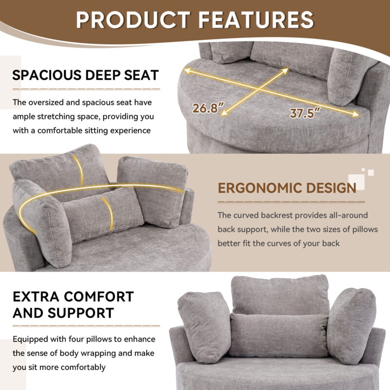 Dinosisco Oversized Swivel Accent Barrel Chair with Storage Ottoman, Chenille, Indoor, Gray - Image 2