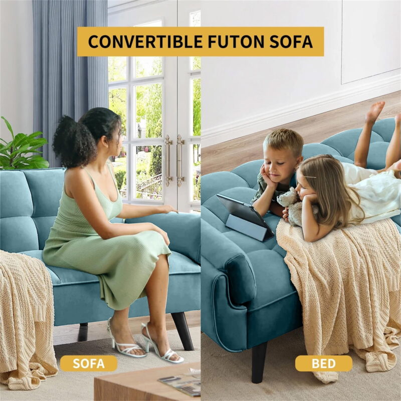 Aukfa 75" Deep Tufted Futon Convertible Sofa Bed, Velvet Sleeper Couch for Home Office, Blue - Image 7