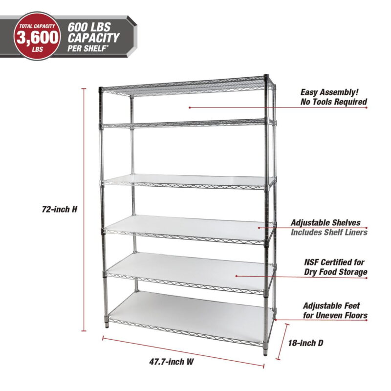 Hyper Tough 6-Tier Wire Storage Shelves with Liners, 48" W x 18" D x 72" H, 3600 lb Load Capacity, Chrome - Image 4