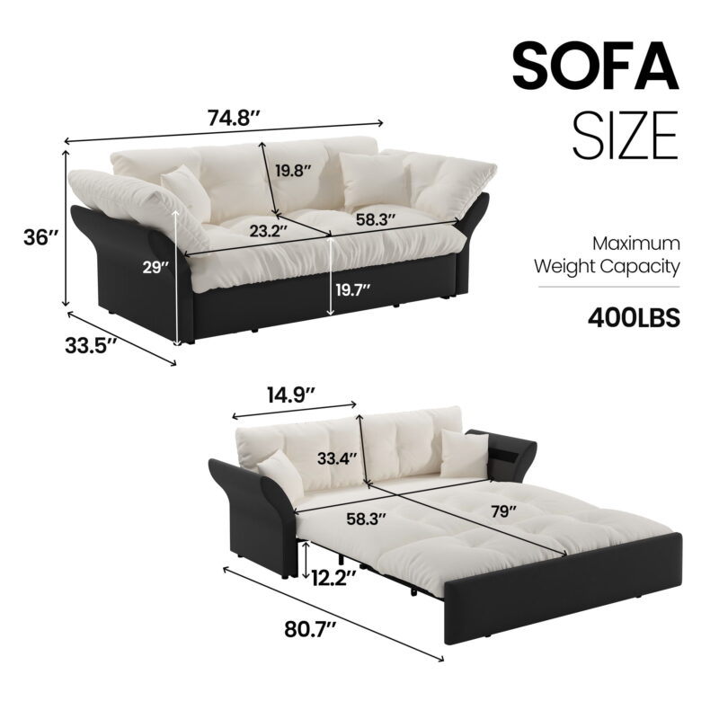 Aukfa 74.8" Queen Pull Out Sofa Bed, Convertible Loveseat Sleeper Sofa Couch with 2 Pillows, Tufted, Beige - Image 3
