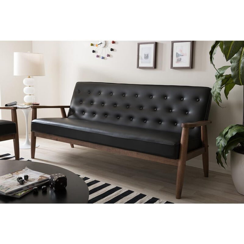 Baxton Studio Sorrento Mid-century Retro Modern Black Faux Leather Upholstered Wooden 3-seater Sofa - Image 4