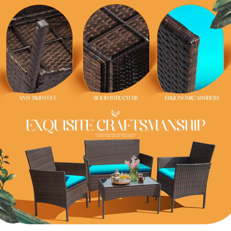 Lacoo 4 Piece Outdoor Patio Furniture PE Rattan Wicker Table and Chairs Set with Cushions, Blue - Image 6