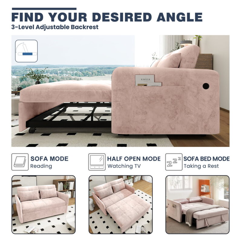 DEALTOPS 55'' Velvet Sleeper Sofa Bed,Pull-Out Loveseat with USB Ports, Pink, Full Size - Image 4