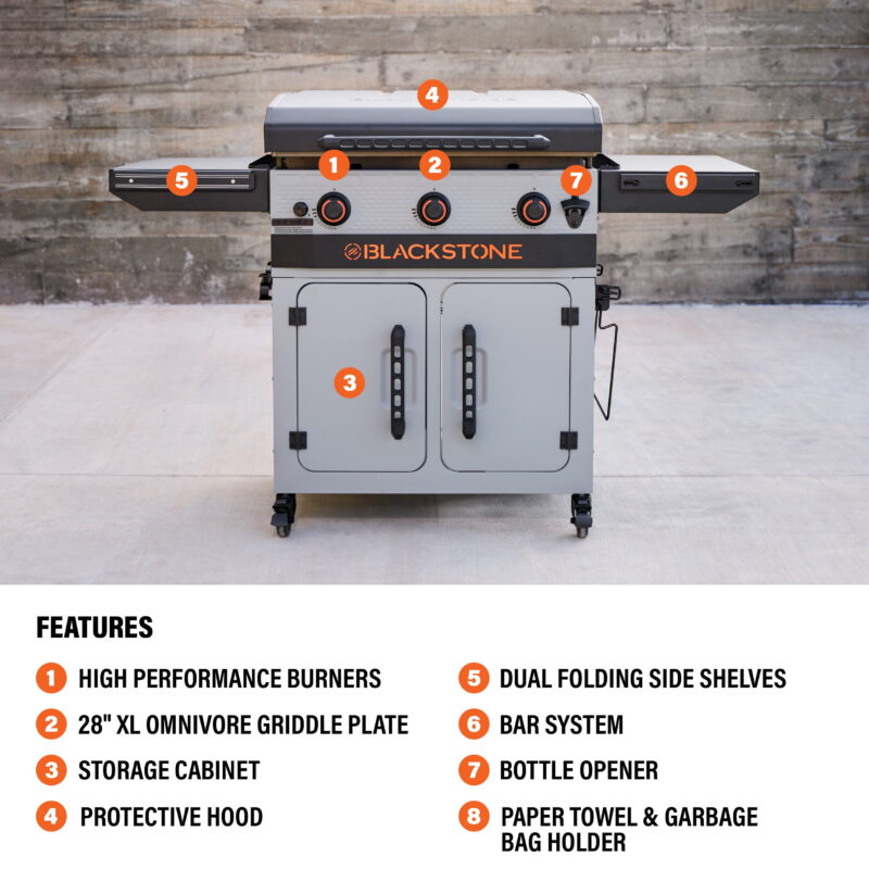 Blackstone Bronco 3-Burner 28" XL Omnivore Griddle with Dual Side Shelves and Cabinet - Image 6