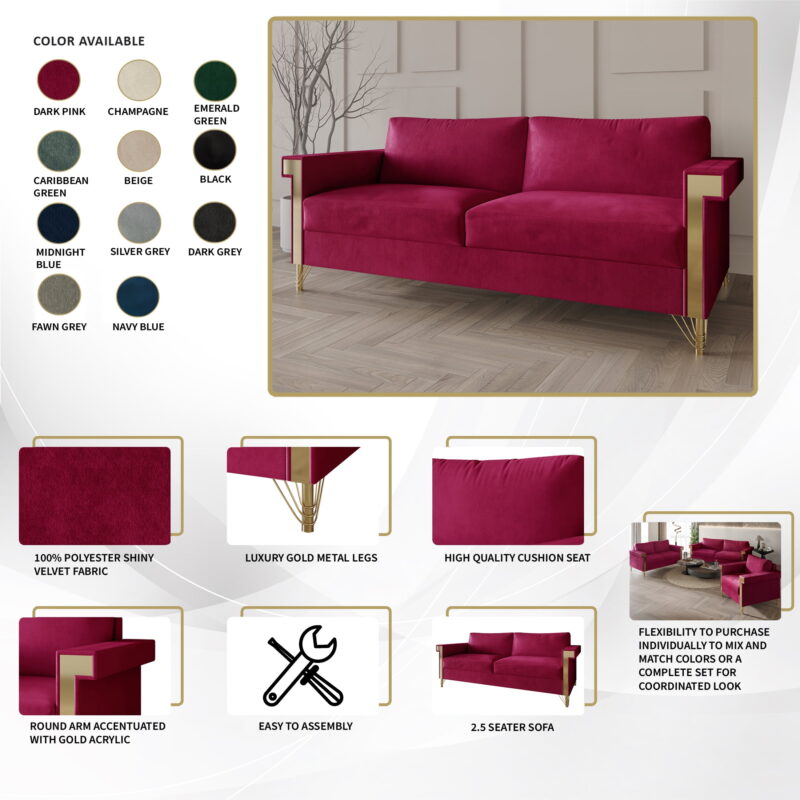 Castle Place Comtemporary Glam Velvet Upholstered Sofa, Black - Image 7