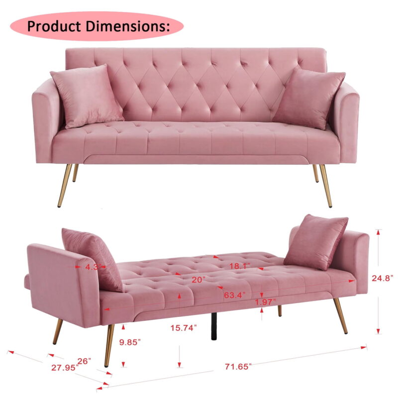 71 Inches Velvet Futon Sofa Bed with 2 Pillows,Modern Convertible Futon Couch with Adjustable Backrest,Pink - Image 5