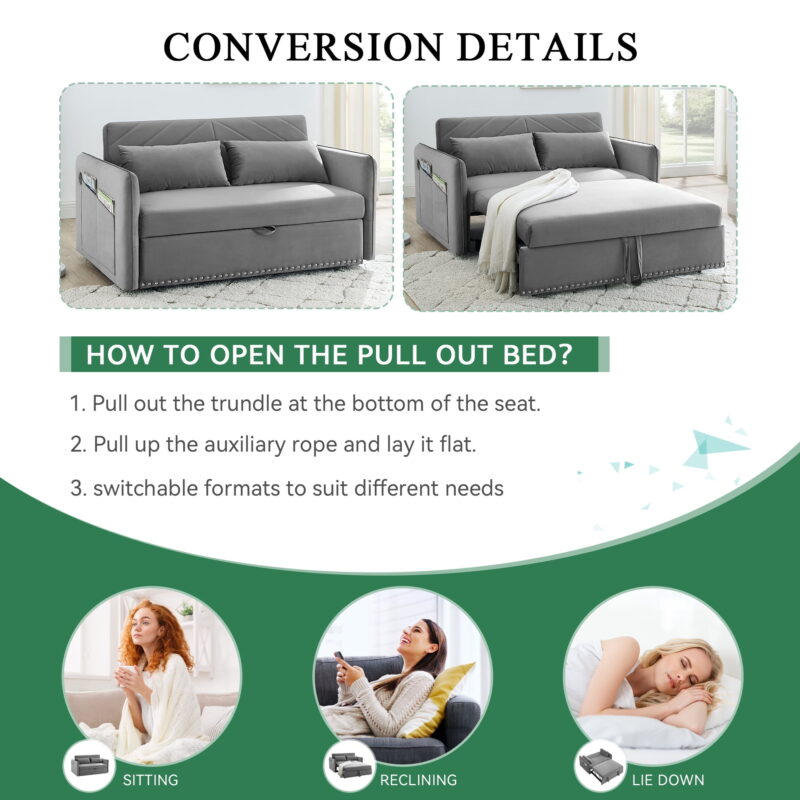 Dinosisco Convertible Sleeper Loveseat with USB, 55" Velvet Futon Sofa Bed, Gray - Image 4