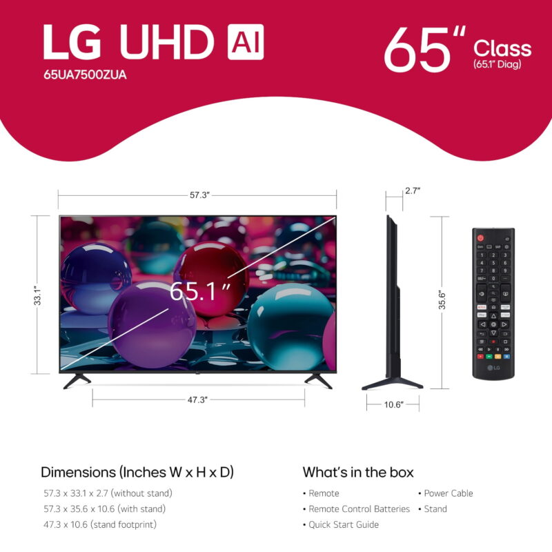 LG 65" 4K UHD UA75 AI Smart TV, 65UA7500 - Image 2